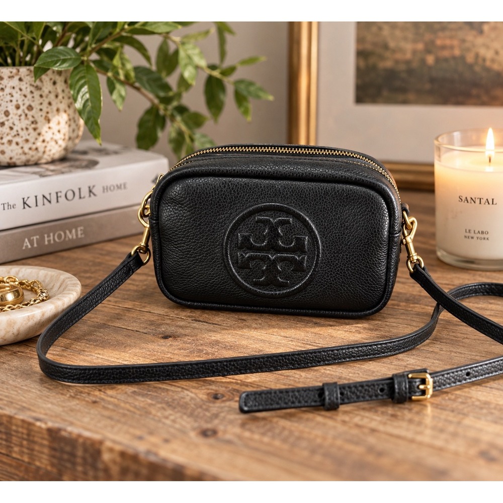 Tory Burch Black Pebbled Leather Perry Bombe Mini Crossbody Camera Bag Gold Tone
